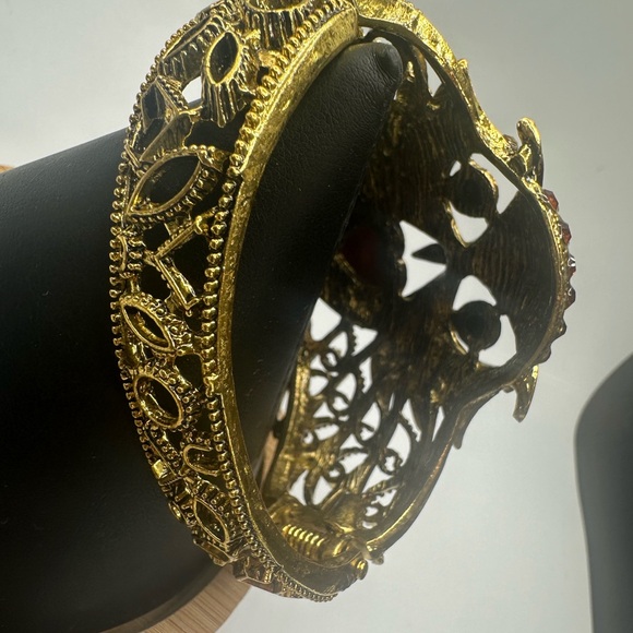 Antiqued Tone Owl Clamper Bracelet Rhinestone Statement Goth Heart Crystal Cuff - Picture 6 of 9